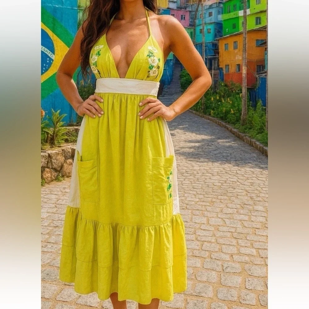 Fanm Mon Yamile 100% Linen Floral Embroidered Halter Midi Dress Mustard Lime NWT